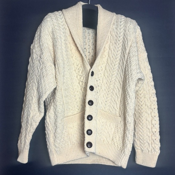 Carraig Donn Aran Knit Wool Shawl Collar Cardigan Cream Made in Ireland Mens M - Picture 2 of 12